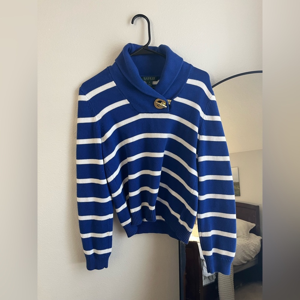 Lauren Ralph Lauren Blue and White Striped Cowl Neck Sweater size M